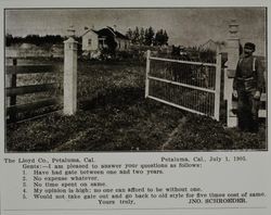 Lloyd gate at the Jno. Schroeder farm in Petaluma, California, as shown in the Lloyd Co. catalog for 1912