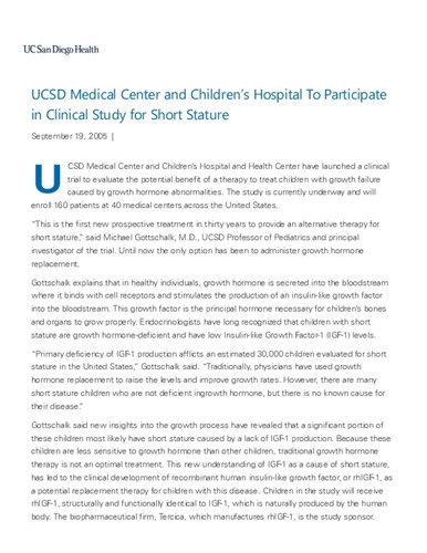 UCSD Medical Center and Children’s Hospital To Participate in Clinical Study for Short Stature
