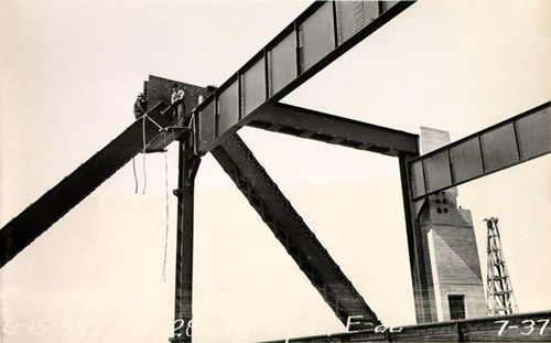 [Construction of first span of San Francisco-Oakland Bay Bridge]