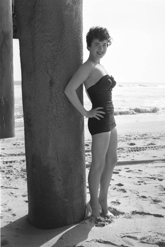 Ann Gardner at Huntington Beach pier, June 1954