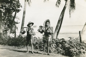 A Tahitian boy and a Chinese half-blood boy, sellers of Tahitian chestnuts (mape)