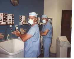 Dr. William Dunn, OBGYN, and Dr. Richard Powers at the scrub sinks at Palm Drive Hospital, Sebastopol, California, about 1980
