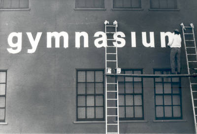 New signage for the Chapman College Gymnasium, Orange, California, September, 1973