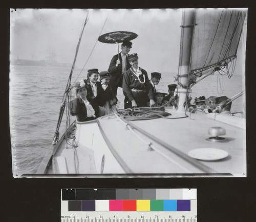 Wave (yacht) sailing party, Helmsman, Roland L. Oliver, Maud Cheek. [photographic print]