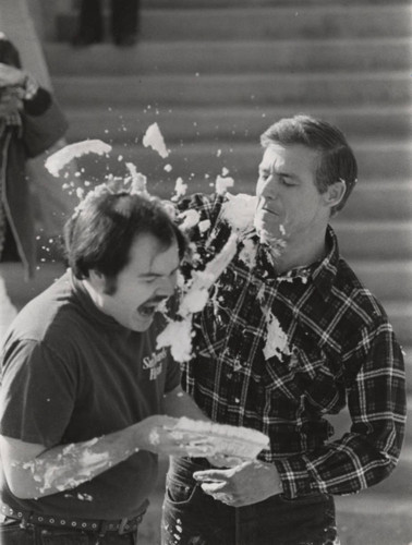 Pie fight between Lee Wilkins and William S. Banowsky, 1973