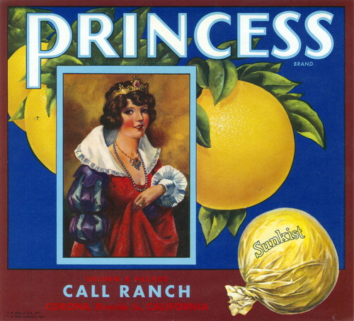 Crate label, "Princess Brand." Grown and Packed by Call Ranch. Corona, Riverside Co., Calif
