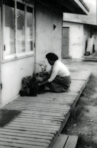 Resident in front of World War II-era housing in Marin City, California, circa 1960 [photograph]