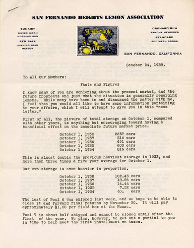 Letter from the San Fernando Heights Lemon Association to its members, October 24, 1938