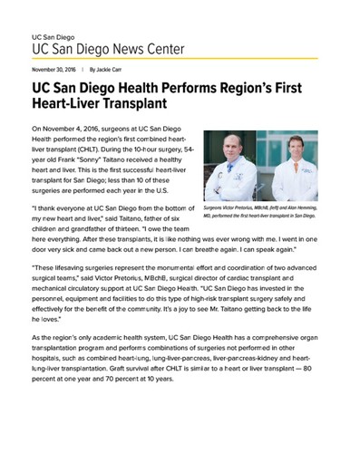 UC San Diego Health Performs Region’s First Heart-Liver Transplant
