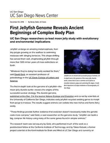 First Jellyfish Genome Reveals Ancient Beginnings of Complex Body Plan