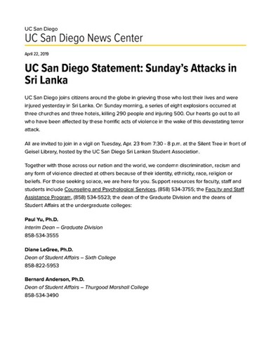UC San Diego Statement: Sunday’s Attacks in Sri Lanka