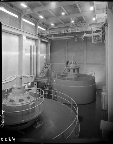Interior shot of Big Creek Powerhouse #4 with the two vertical axis Francis turbine generators