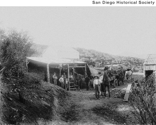 Men and horse-drawn wagons at the Holland Mine in Julian