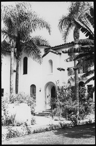 Entrance to a two-story Spanish Revival home in Hancock Park, Los Angeles