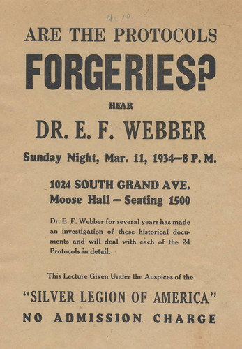 Handbill, Are the protocols forgeries?, 1934