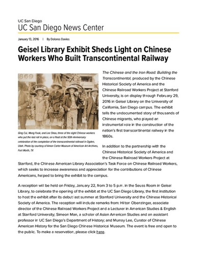 Geisel Library Exhibit Sheds Light on Chinese Workers Who Built Transcontinental Railway