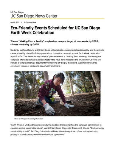 Eco-Friendly Events Scheduled for UC San Diego Earth Week Celebration