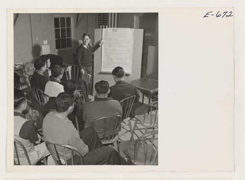 At a preliminary meeting, interested residents at the Heart Mountain Relocation Center, where persons of Japanese ancestry, evacuated from west
