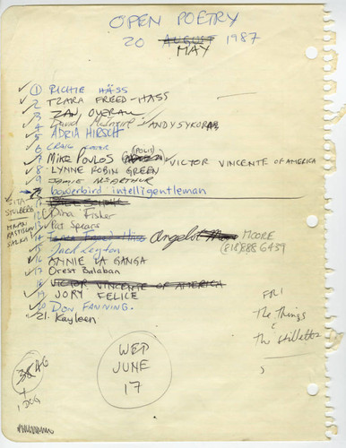 Open Mike Night, Signup Sheet, 20 August 1987