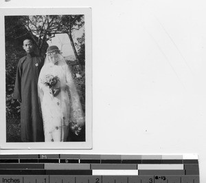 A bride and groom at Dongzhen, China, 1937