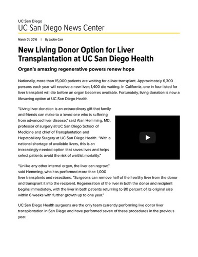 New Living Donor Option for Liver Transplantation at UC San Diego Health