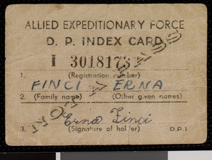Erna Finci, Allied Expeditionary Force D.P. Index Card (photocopy)
