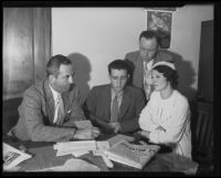 Harold Dean, Hazel Smith, Ernest Roll, and Olin N. Mackay during Ruth Attaway investigation, Los Angeles, 1935