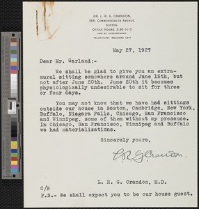 L.R.G. Crandon, letter, 1927-05-27, to Hamlin Garland