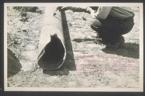 Casitas, lower end of spear joint. Note how pipe has torn out rather than unscrewed from collar. August 21, 1913