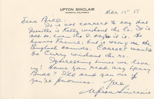 Letter from Upton Sinclair to Bill Henry, March 15, 1951