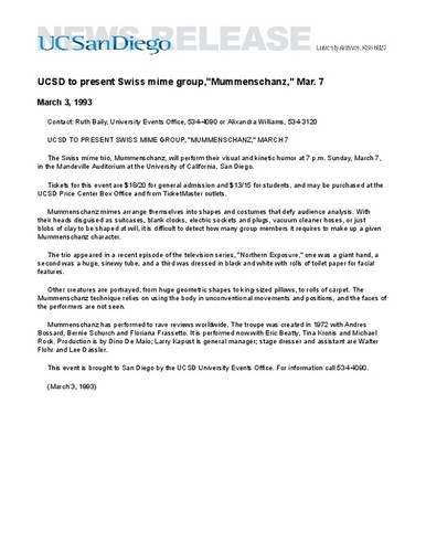 UCSD to present Swiss mime group,"Mummenschanz," Mar. 7