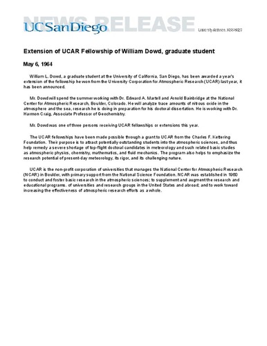Extension of UCAR Fellowship of William Dowd, graduate student
