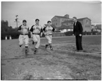 Dean Cromwell coaching new players on the Los Angeles Angels baseball team, Los Angeles, 1940