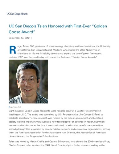 UC San Diego's Tsien Honored with First-Ever "Golden Goose Award"