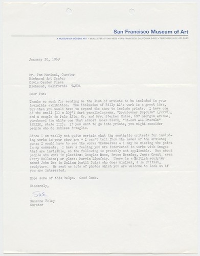 Letter to Tom Marioni from Suzanne Foley (Invisible Painting and Sculpture)
