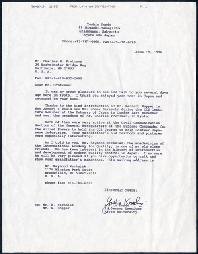 Yoshio Kondō letter to Charles W. Protzman, III, 1996-06-19