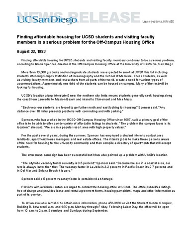 Finding affordable housing for UCSD students and visiting faculty members is a serious problem for the Off-Campus Housing Office