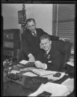 High school student G.B. Alexander shadows District Attorney Buron Fitts for a day, Los Angeles, 1935