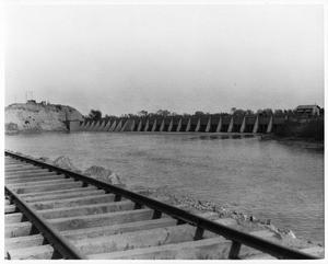 Dam at Hamlin intake on the Colorado River, taken from the railroad tracks, ca.1910