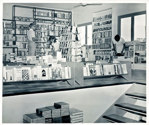 Interior of Bahrain Family Bookshop, 1973 in the background bookseller missionary Jørgen Fruerg