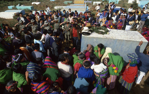 Mayan civilians attending a funeral service, Patzún, 1982