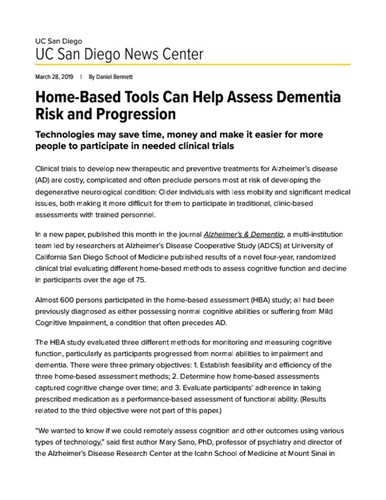 Home-Based Tools Can Help Assess Dementia Risk and Progression