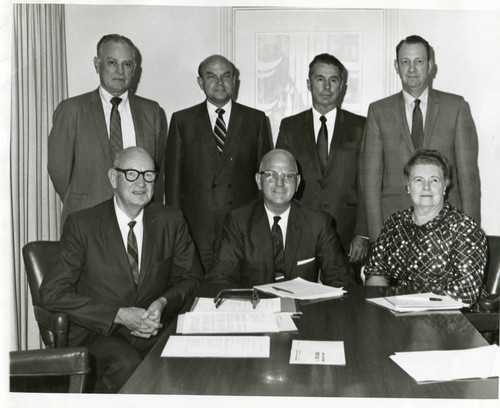 Pepperdine Board of Trustees in the 60's: Seated L to R: Clarence Shattuck, Chair, Donald Miller, Mrs. Helen Pepperdine; Standing--L to R: O. V. Melton, M. Norvel Young, Lee O. Sparks, Bob Jones