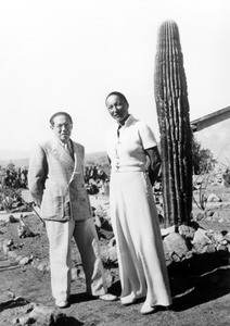 Lion Feuchtwanger and wife Marta posing in front of a cactus in Mexico, c. 1941