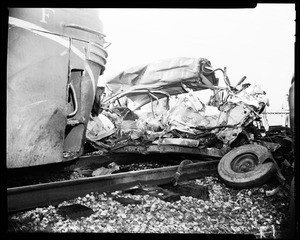 Train versus auto wreck at Valley Boulevard and Nogales Street, La Puente, 1958