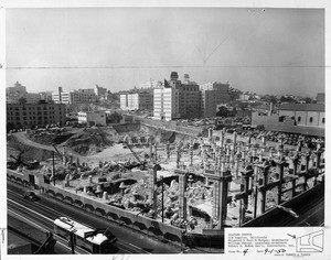 Construction site for the new $25,000,000 Statler Hotel (now Omni Hotel), which sits between Figueroa Street and Francisco Street, and Wilshire Boulevard and West Seventh Street