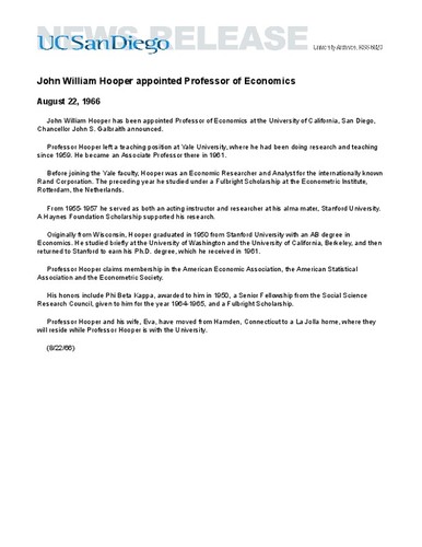 John William Hooper appointed Professor of Economics
