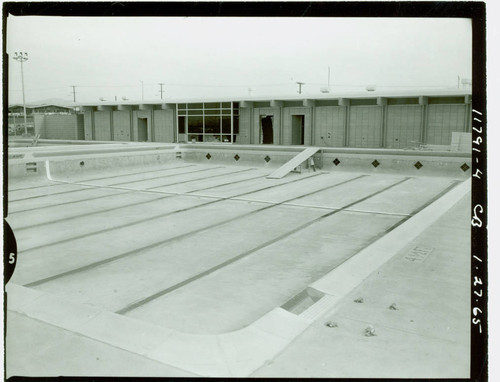 View of construction of the pool and pool house at La Mirada Park