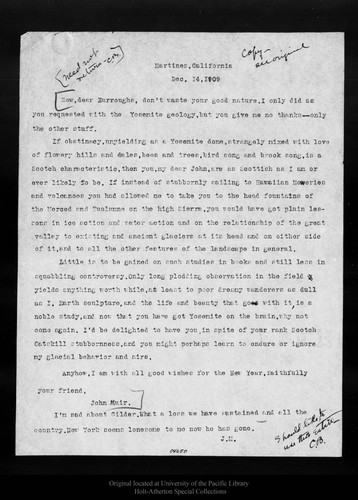 Letter from John Muir to [John] Burroughs, 1909 Dec 14