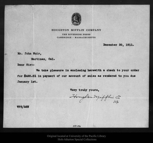 Letter from Houghton Mifflin Co. to John Muir, 1911 Dec 30